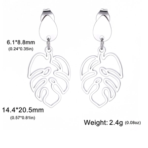 Water-drop shaped hollow monstera leaf earrings in polished silver stainless steel