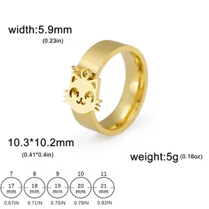 Titanium steel ring with cat face pendant and detailed size chart measurements