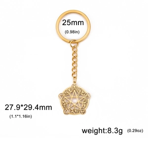 Golden stainless steel pentagram keychain with hollow tree pattern and size dimensions