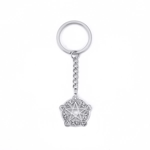 Retro stainless steel keychain featuring a hollow pentagram tree totem circular pendant