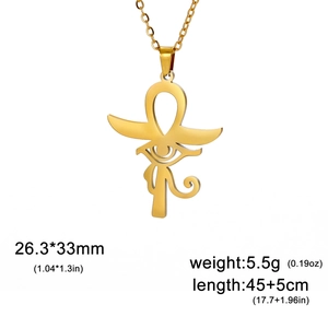 Collier pendentif Œil d'Horus et Ankh en acier poli doré avec détails des dimensions