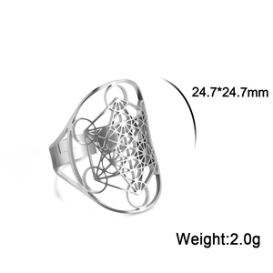 Makroaufnahme der Maße 24,7mm des ausgeschnittenen Metatron-Würfel-Edelstahlrings