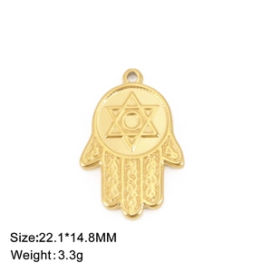 Detailed view of gold plated stainless steel Hamsa hand pendant with hexagram star design