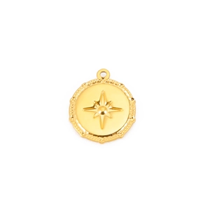 Golden stainless steel round pendant with embossed polar star and textured wavy edge