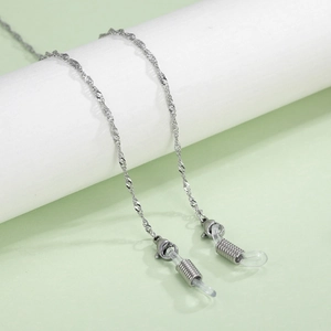 Detail showing silver stainless steel water wave chain with silicone loops for glasses