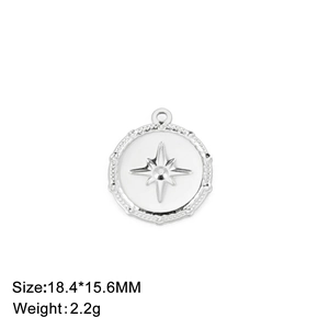 Silver stainless steel round pendant with star engraving and beaded edge, 18.4x15.6mm