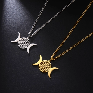 Collar de Acero Inoxidable con Colgante de Triple Luna y Flor de la Vida Geometría Sagrada Joyería Espiritual para Mujer