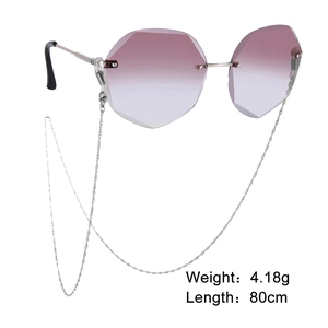 Frameless polygonal sunglasses with purple gradient lenses and 18K gold plated chain
