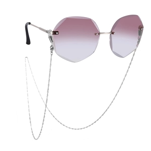 Frameless geometric sunglasses with purple gradient lenses and silver wave chain strap