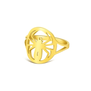 Minimalist gold stainless steel ring with a cut-out spider design on a white background