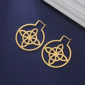 Golden round hollow Celtic knot stainless steel earrings on deep blue background