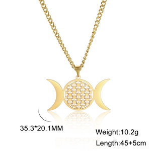 Collar de acero inoxidable con colgante de triple luna y flor de la vida dorado