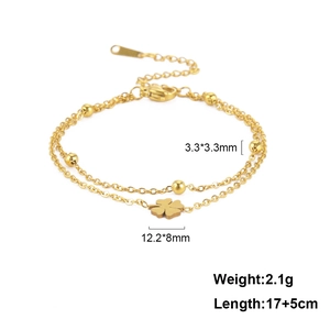 Double-layer gold clover bracelet with beads and adjustable stainless steel chain