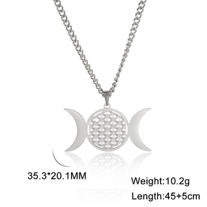 Detalles del collar triple luna de acero inoxidable con colgante flor de la vida