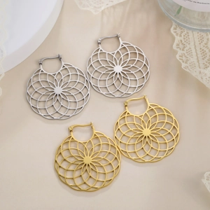 Mandala hollow round daisy earrings in gold and silver finish for women