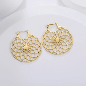 Exaggerated golden stainless steel mandala flower dangle earrings with leverback hooks