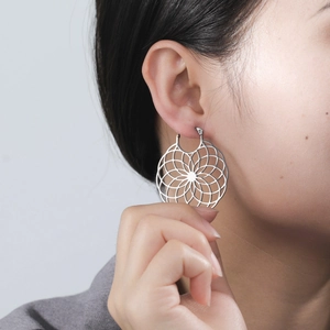 Polished stainless steel geometric mandala hollow flower hoop earrings for women