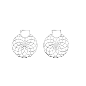 Polished stainless steel hoop earrings with intricate hollow mandala flower pattern