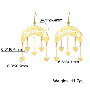 Bohemian gold crescent moon earrings with hollow leaf patterns and heart dangles