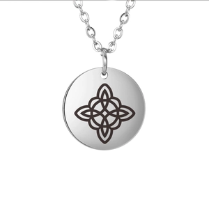 Minimalist stainless steel witch's knot pendant necklace on a silver O-chain