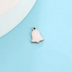 Polished stainless steel bell pendant for DIY jewelry making on blue background