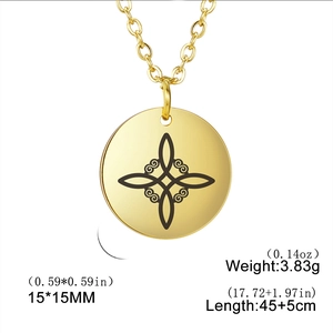 Gold stainless steel witch knot disc necklace with adjustable 45+5cm cross chain length