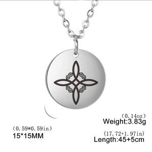 Detailed view of stainless steel witch knot pendant with 15mm size and chain length specs