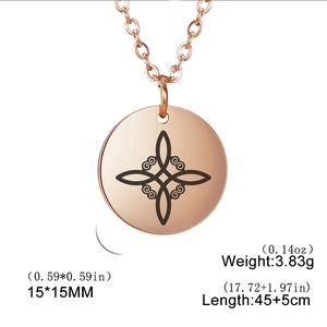 Rose gold stainless steel necklace with Celtic witch knot pendant and detailed dimensions