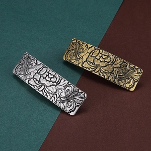 Vintage Alloy Embossed Peony Flower Spring Hair Clip Antique Gold Silver Metal Rectangle Barrette For Women Hair Accessories