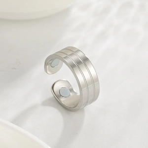 Detail of adjustable stainless steel ring featuring dual magnetic therapy inserts