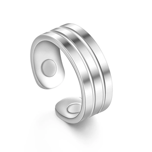 Silver adjustable stainless steel magnetic therapy ring with triple groove design