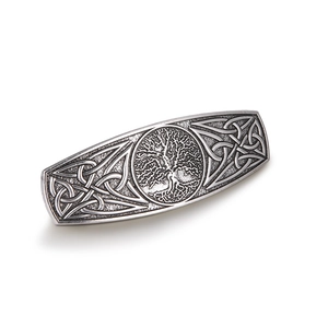 Vintage silver tree of life hair clip with intricate Celtic knot patterns on a white background