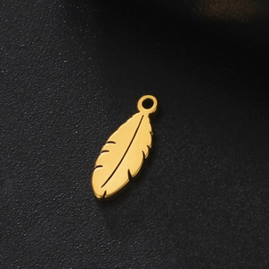 Detailed view of 10.7mm golden stainless steel feather charms with intricate textures