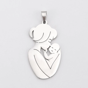 Polished silver stainless steel pendant showing a mother hugging her baby silhouette