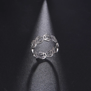 Vintage stainless steel ring featuring silver ancient coin cutouts on a dark background