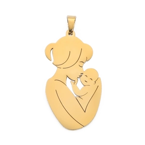 Golden stainless steel necklace pendant featuring a mother kissing her baby silhouette