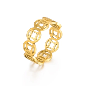 18K gold-plated vintage stainless steel ring featuring a Chinese ancient coin pattern