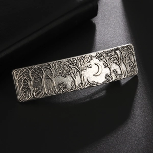 Vintage silver crescent moon and forest relief metal spring hair clip for women