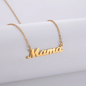 Detail of 18K gold plated Mama pendant necklace with elegant cursive lettering