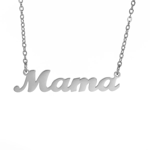 Polished silver stainless steel Mama pendant necklace for women on white background