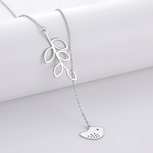 Stainless steel lariat necklace featuring bird and leaf pendants in polished silver finish