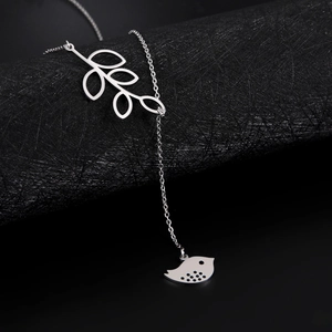 Stainless Steel Leaf And Bird Pendant Necklace For Women Dainty Y-Shaped Lariat Chain Nature Inspired Elegant Jewelry Gift