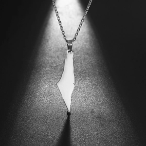 Polished stainless steel necklace featuring a geometric mountain-shaped map pendant