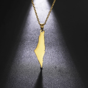 Detailed view of gold plated stainless steel Israel map pendant on a thin chain