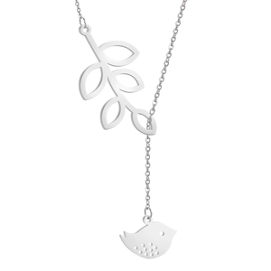 Minimalist 304 stainless steel leaf and bird tassel necklace for women in silver color