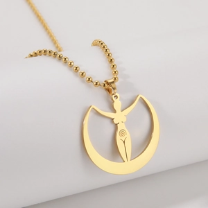 Collier en acier inoxydable doré avec pendentif déesse de la lune et chaîne à billes