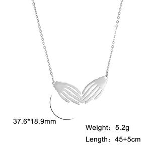 Stainless steel necklace featuring a hollow double skeleton hand heart pendant in silver
