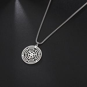 Stainless steel necklace with Hecate's Wheel maze pendant on black background