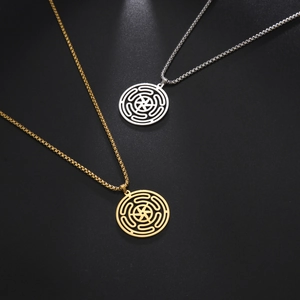 Detailed macro view of hollow circular 304 stainless steel pendants in gold and silver