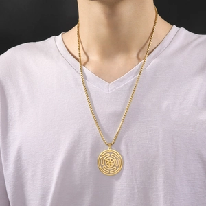 Men's gold-plated stainless steel necklace featuring a hollow geometric circular pendant